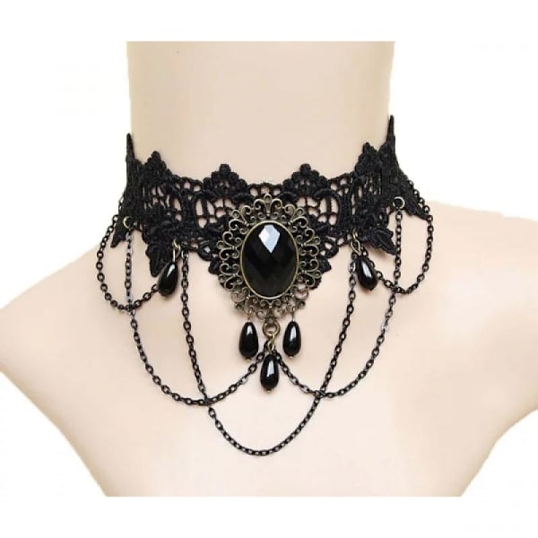 Bred Vintage Gotisk Choker / Halskæde - Sort Blonder & Perler Sort