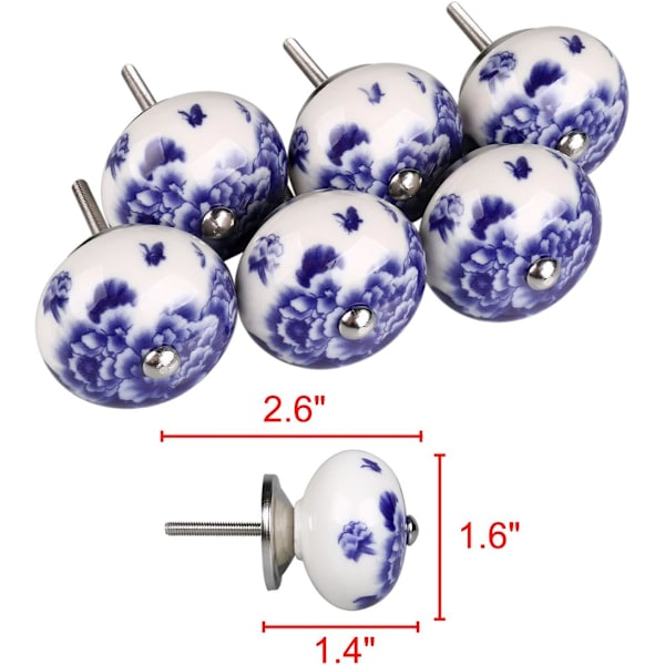 6 st Vintage Shabby Knobs Vit och Blå Blommig Handmålad