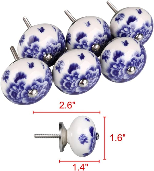 6 stk. Vintage Shabby Knobs Hvid og Blå Blomster Håndmalet