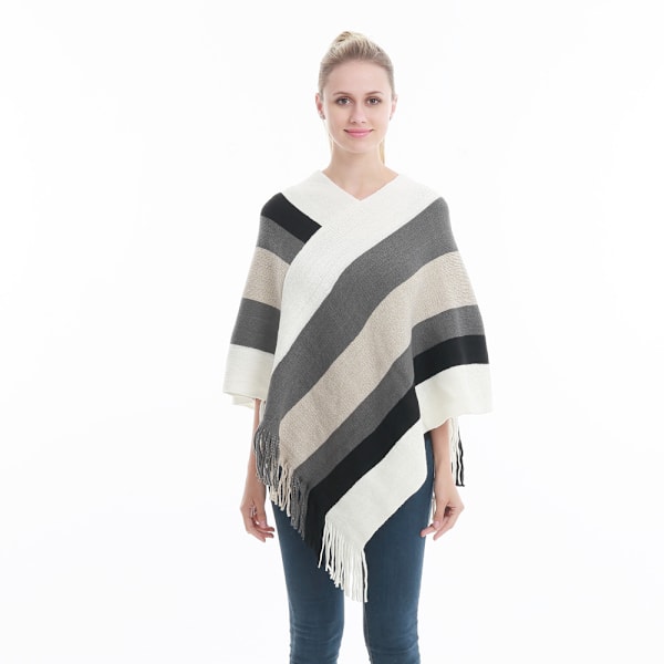 Häcklad poncho med fransar för kvinnor - Scarf med djärva ränder, S