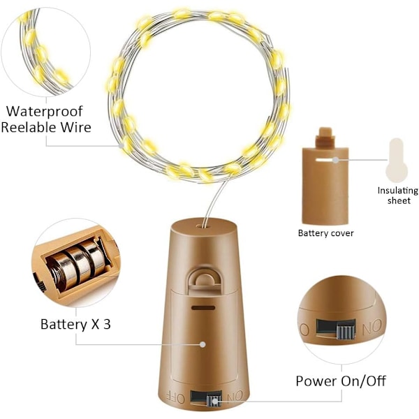 LED-flaskor med kork - 2m 20 LED batteridriven koppar W