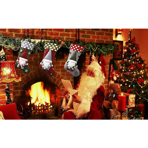 3 st julstrumpor, 3D tomtar julstrumpa eld