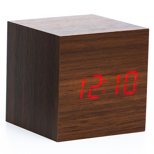 Svart 6x6x6cm, Trä Elektronisk Digital Väckarklocka, Bordsur