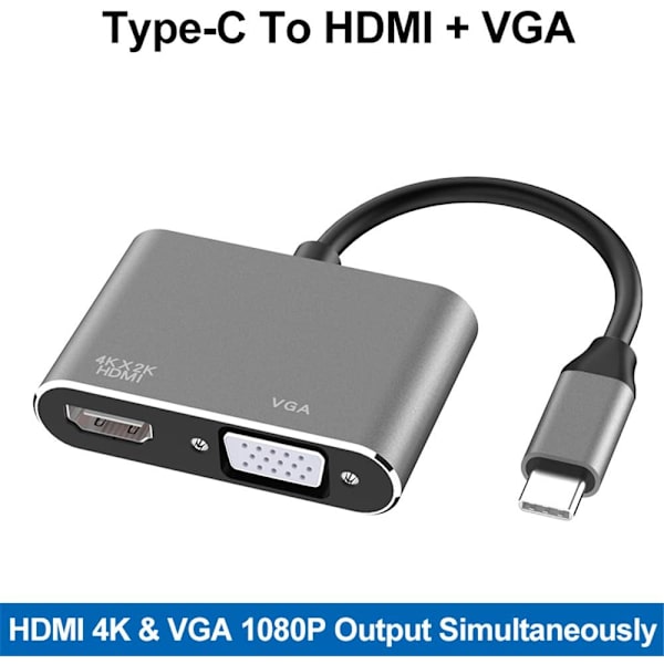 USB C till HDMI VGA-adapter, 2 i 1 typ C till HDMI 4K, VGA 1080P Co