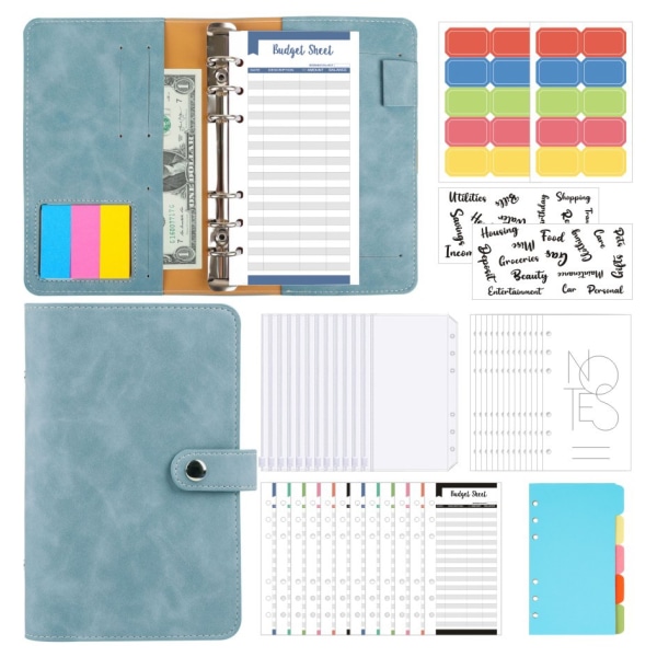 Retro blå set, A6 pärm PU mjukt läder anteckningsbok kontantbudget ma