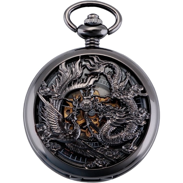 Dragon and Phoenix Ancient Mechanical Pocket Watch (Black) Skelet