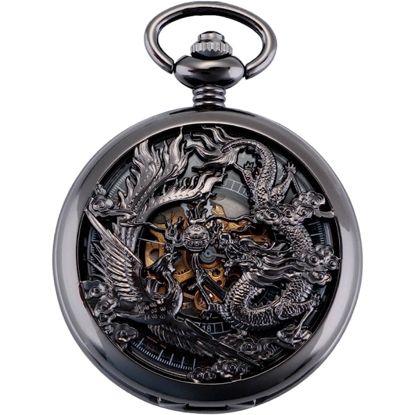 Dragon and Phoenix Ancient Mechanical Pocket Watch (svart) skjelett