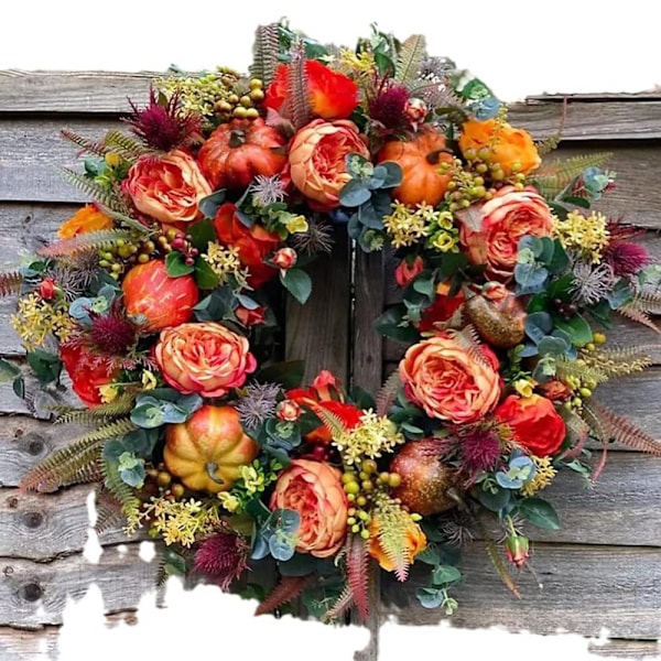 Efterårs Peony og Græskar Krans, Kunstig Thanksgiving Efterår Krans