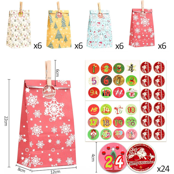 24 stk. adventskalender, 24 stk. papirpose, farverige gaveposer
