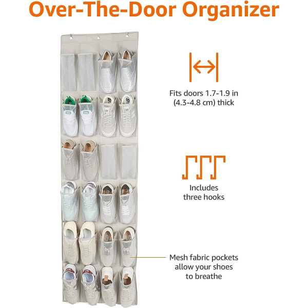 24-Pocket Over-the-Door Hanging Medium Size Shoe Organizer vit