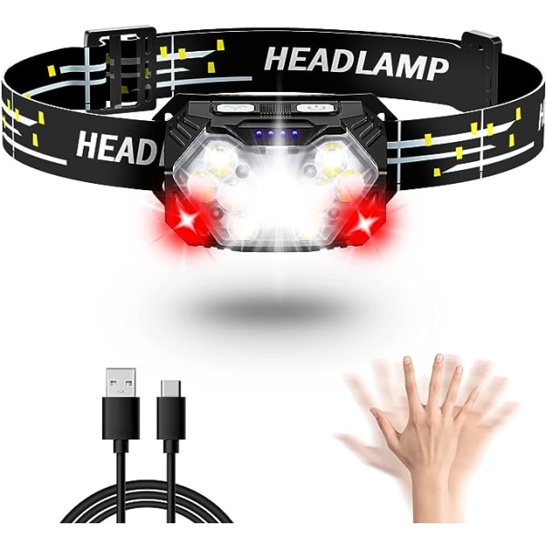 LED-strålkastare (1 st), USB C uppladdningsbar huvudlampa, rött ljus a