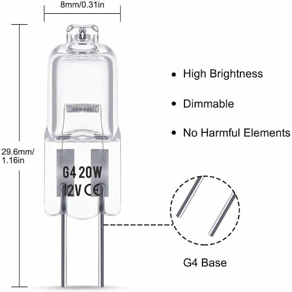 Förpackning med 10 halogenlampor G4, 12V 20W, varmvit 3000K, 350LM, Di