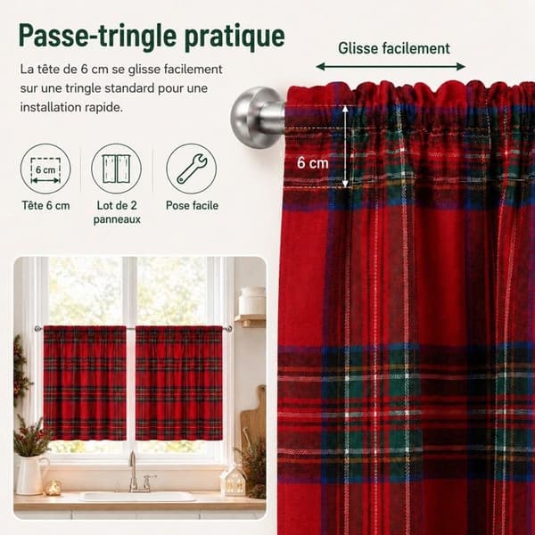 2-pack Köksgardiner Jul Tartan 62 x 78 cm, 2 paneler, röd Röd