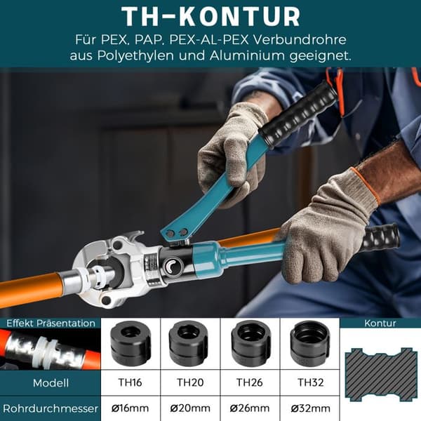 Pro Pressverktyg för Hydrauliska Presskopplingar TH16-32 för Rör i Koppar, Stål, Kol/Stainless med Formad Presskopp, Blå