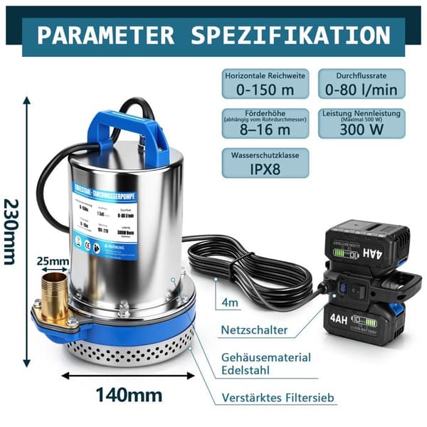 Trådløs nedsænkningspumpe - XIIW - Rustfrit stål - 360° sug - Effekt 300W