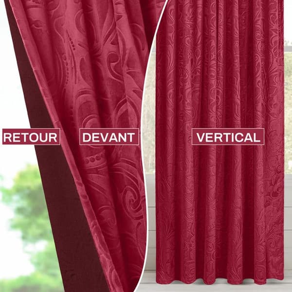 Draperier i Sammet, Set med 2, 132x244cm, Vardagsrum Gardiner Dammask Blommönster Termisk Isolerande, Modern Sovrum, Röd