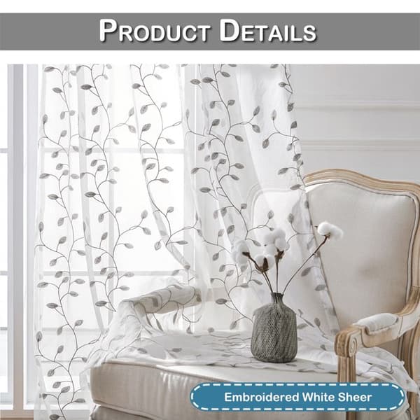 Qelus Gardin Vit Med Grå Bladbroderi 140x245cm 2-Pack Vardagsrum Sovrum Grå och vit