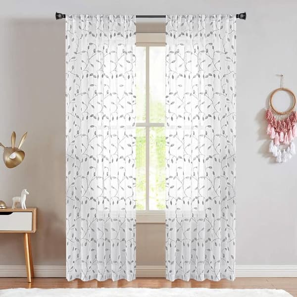 Qelus Gardin Vit Med Grå Bladbroderi 140x245cm 2-Pack Vardagsrum Sovrum Grå och vit