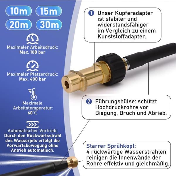 Kit Rörsanering 10m, 180 Bar med väska, M22-adapter, styva munstycken, för Tryckslangar K2-7