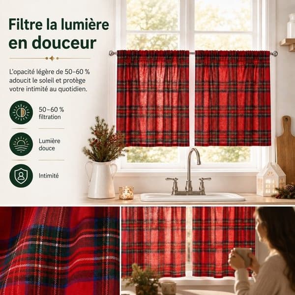 2-pack Köksgardiner Jul Tartan 62 x 78 cm, 2 paneler, röd Röd