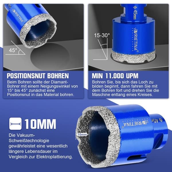 10mm/10mm/M14 HEX 3stk Diamantbor med lodret højde 10mm Tørboring M14 adapter til granit marmor fliser