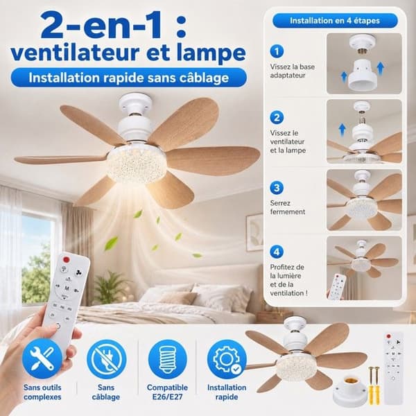 LED Takfläkt E27 med Träeffekt och Fjärrkontroll 40W Tyst Dimbart Belysning brun