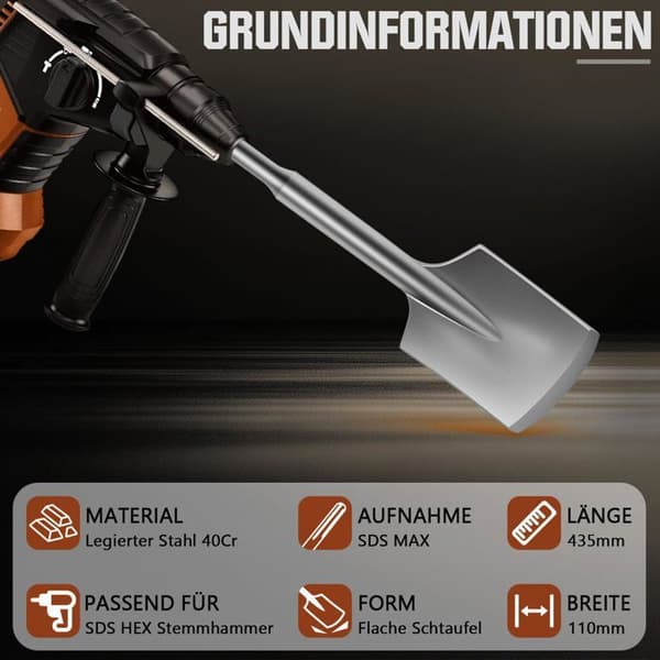 SDS Max Spade Chisel, Spade Chisel, 110 x 435mm, Hexagonal Bøtte 30 mm, med Plastkuffert, Til Murværk, Asfalt og Gulv