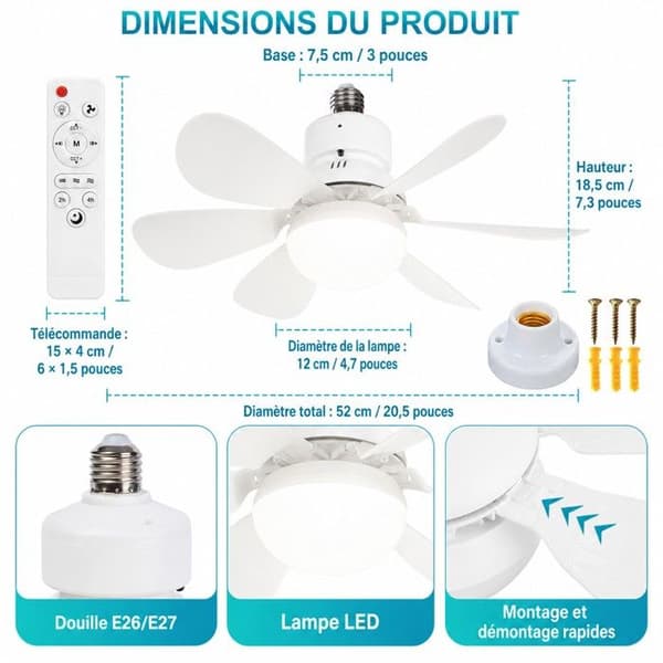 LED Takfläkt E27 med Fjärrkontroll 40W Dimbar Belysning 3CCT Vit Vit