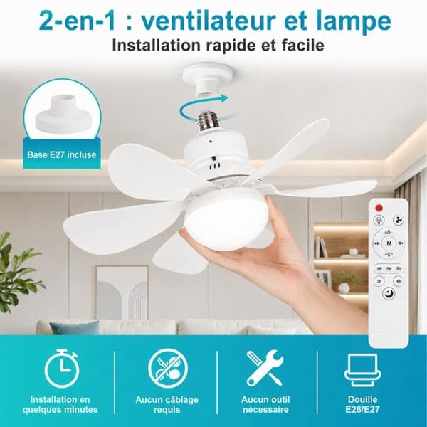 LED Takfläkt E27 med Fjärrkontroll 40W Dimbar Belysning 3CCT Vit Vit