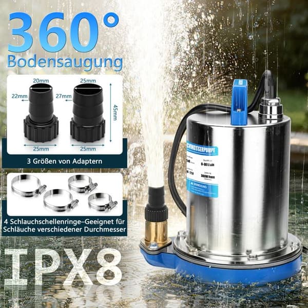 Trådløs nedsænkningspumpe - XIIW - Rustfrit stål - 360° sug - Effekt 300W