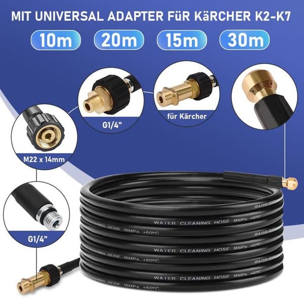 Kit Rörsanering 10m, 180 Bar med väska, M22-adapter, styva munstycken, för Tryckslangar K2-7