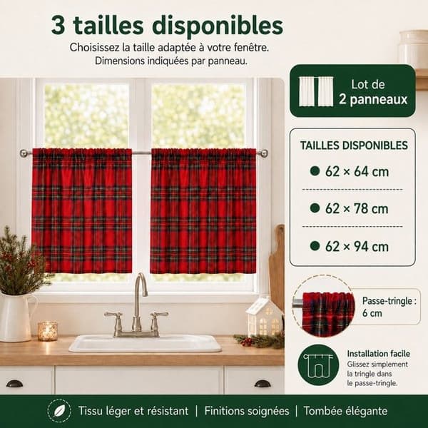 sæt af 2 jule køkken gardiner tartan 62 x 78 cm, 2 paneler, rød Röd