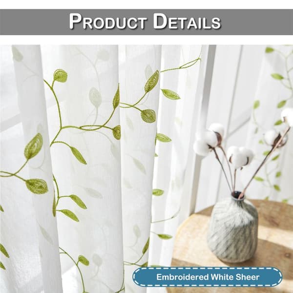 Qelus Gardin Vit Med Grön Bladbroderi 140x245cm 2-Pack Vardagsrum Sovrum Grönt och vitt