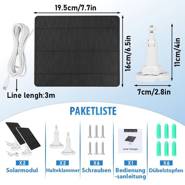 2x Solpanel 5W för Utomhus Säkerhetskamera Batteri, 5V IP65 Kompatibel, med USB, Micro-USB, DC, Typ-C