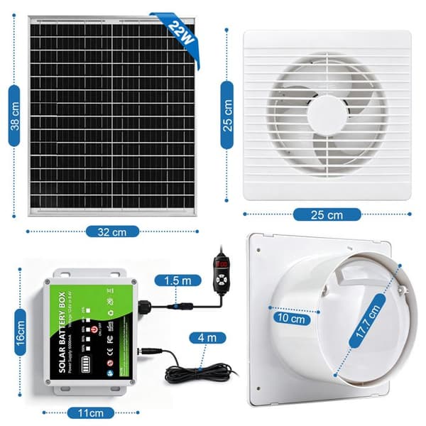 200mm 500m³/h Solventilator 22W IP44 Vattentät 36db Hastighet Timer Skärm Batt Kabel 4m för Hönshus Växthus