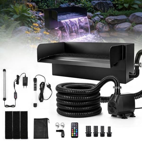 LED Cascade til Dam 30cm med Pumpe 45W 3000L/H, UVC Lampe, Filter, Vandfald i Rustfrit Stål til Dam, Have Svart