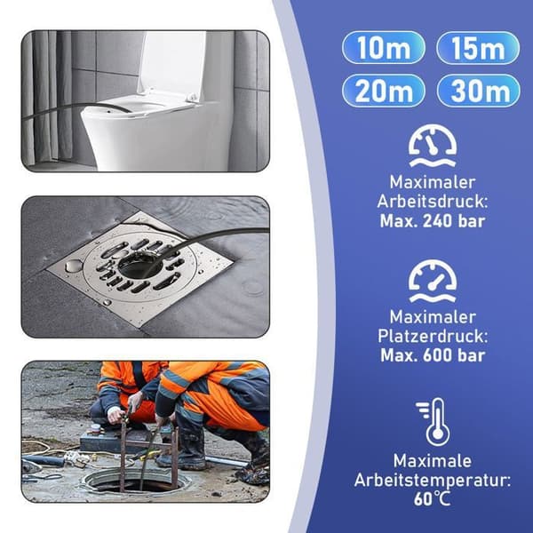Kit til rensning og afstoppelse af kanaler 10m, 180 Bar med taske, M22-adapter, stive dyser, til højtryksrør K2-7
