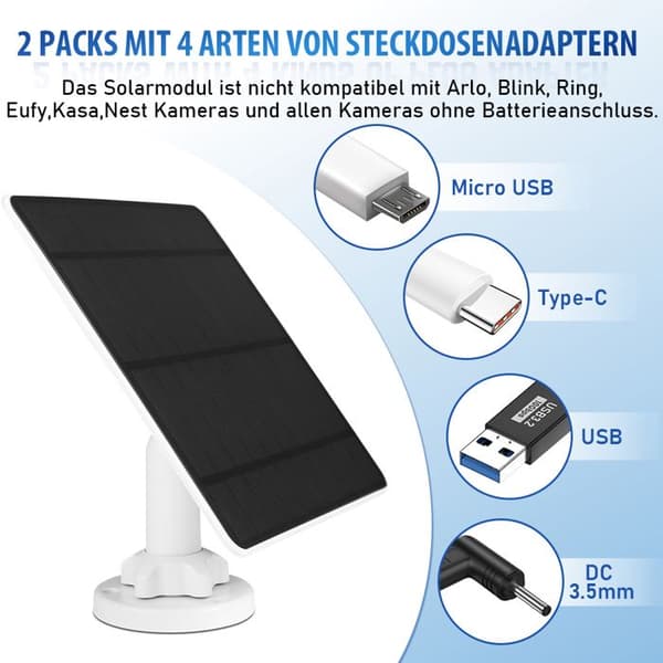 2x Solpanel 5W för Utomhus Säkerhetskamera Batteri, 5V IP65 Kompatibel, med USB, Micro-USB, DC, Typ-C