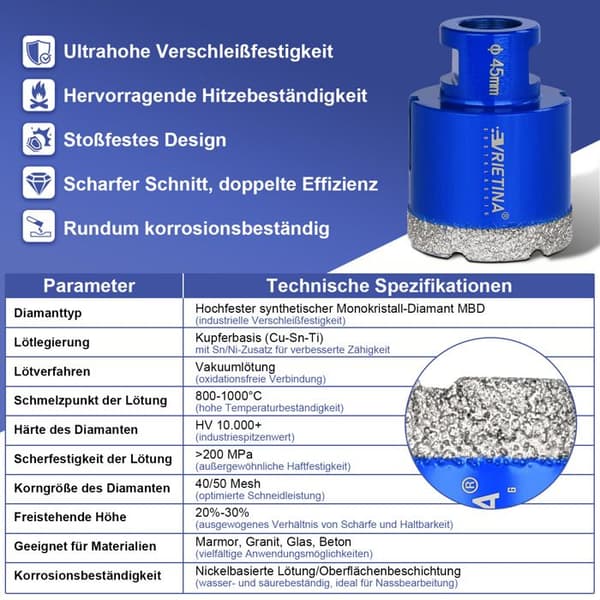 10mm/10mm/M14 HEX 3stk Diamantbor med lodret højde 10mm Tørboring M14 adapter til granit marmor fliser