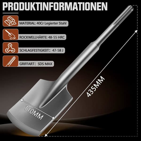 SDS Max Spade Chisel, Spade Chisel, 110 x 435mm, Hexagonal Bøtte 30 mm, med Plastkuffert, Til Murværk, Asfalt og Gulv