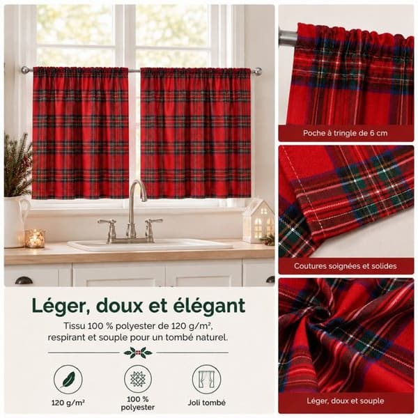 sæt af 2 jule køkken gardiner tartan 62 x 78 cm, 2 paneler, rød Röd