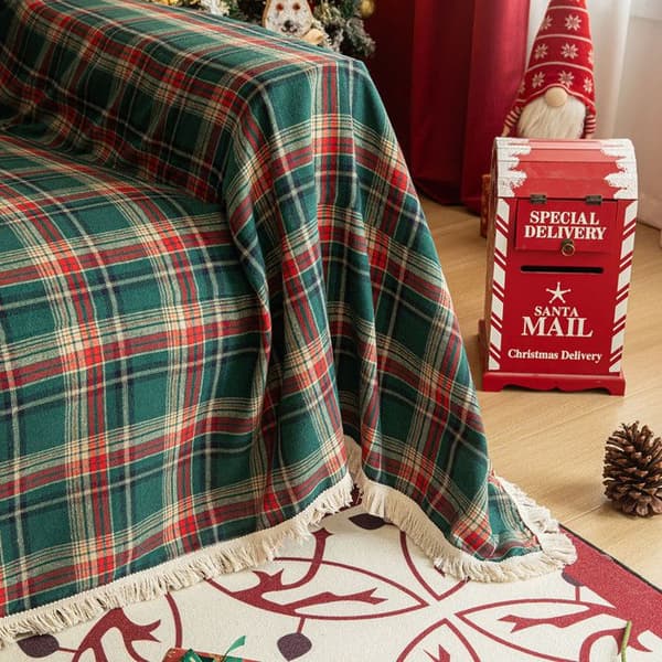 QELUS Jules Sofa Cover til jul, Plaid Sofa Tæppe med pompon, Rektangulær Blød Tæppe Dæksel (Grøn, 180x300cm)
