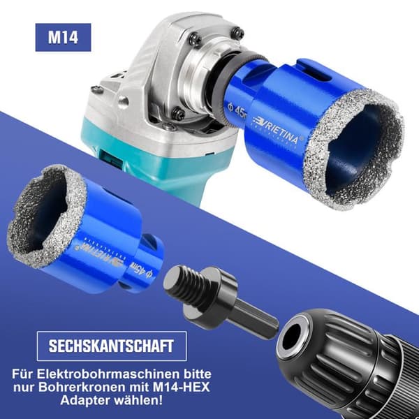 8mm/8mm/ M14 HEX 3 stk. Diamantbor med loddet spids, 10mm højde, tørboring, M14 adapter til granit, marmor, fliser.