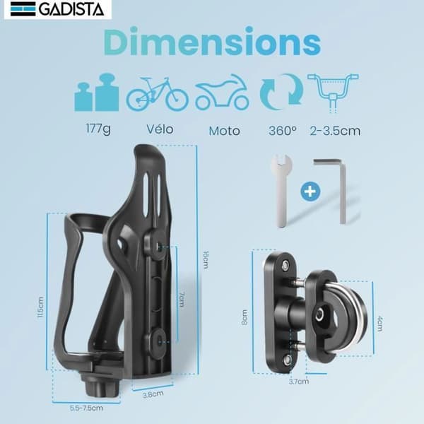 Pulloteline - GADISTA - Säädettävä pulloteline Pyörä/Mopo - Musta - Pullot 48-80 mm - Liukumaton rengas Svart