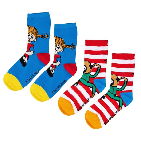 Pippi Langstrømpe sokker 2 stk. blå/røde MultiColor 23/26