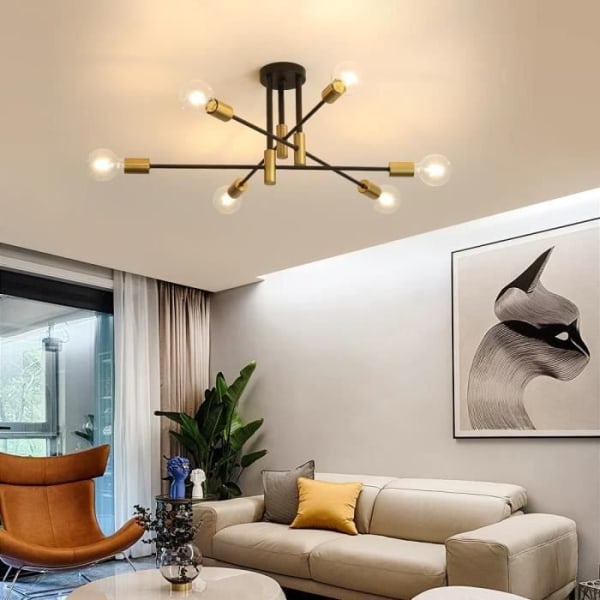 Industriell taklampa, 6 lampor E27 metall takbelysning, svart + guld, retro taklampa för vardagsrum kök sovrum