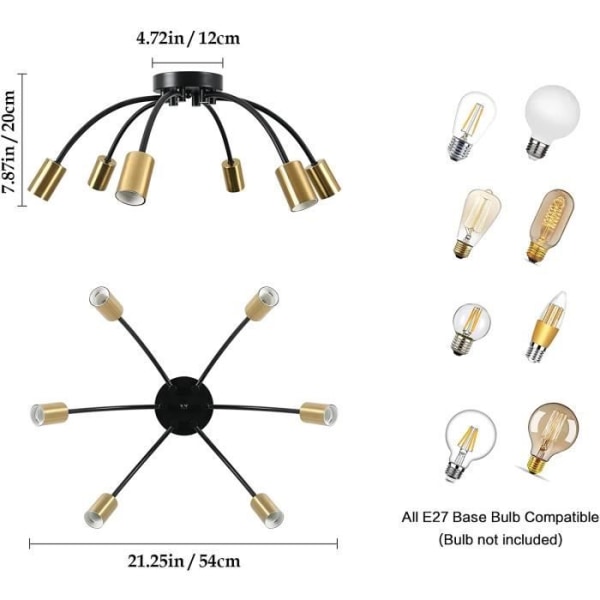 KIWAEZS industriell svart metall taklampa 6 lampor E27 för vardagsrum sovrum kök 55 cm utan glödlampor