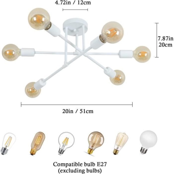 6-Lights industriell taklampa - KIWAEZS - Vit - Modern E27 takkrona för köksfoajé