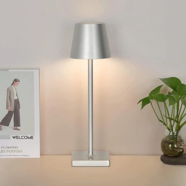 Modern silver LED-bordslampa, 38x10x10cm, varmvit 3500K, pekströmbrytare, USB-laddning, för vardagsrummet i sovrummet