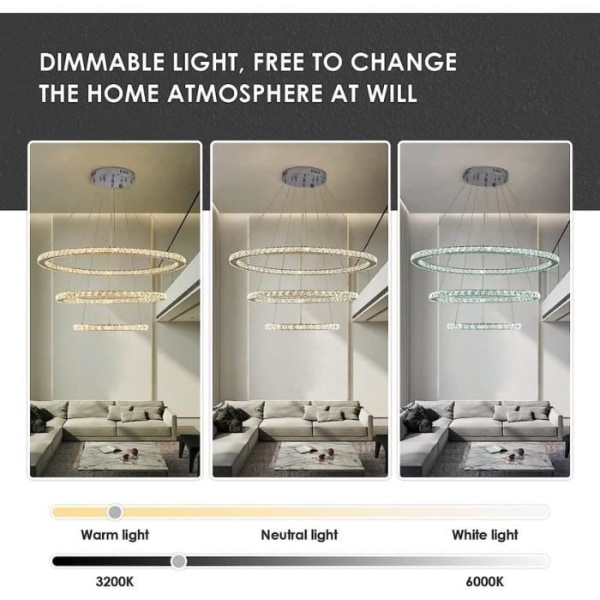 Moderna LED-ljuskronor, 68W dimbar taklampa i kristall, för matsal i vardagsrummet - 3 ringar (Ø 30*50*70 cm)